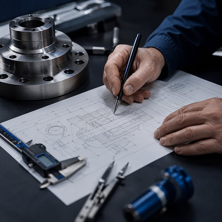 Ingeniero revisando un plano mecánico de precisión